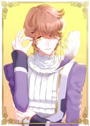 Rule 34 | 10s, 1boy, adjusting eyewear, bad id, bad pixiv id, brown hair, chili72315, classicaloid, frederic chopin (classicaloid), glasses, glint, hair over one eye, looking at viewer, male focus, quill, solo, sparkle, upper body, yellow background, yellow eyes