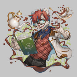 Rule 34 | 1boy, absurdres, blue eyes, book, chinese commentary, claws, commentary request, cup, fang, floating, floating book, floating object, furry, furry male, glasses, grey background, highres, indie virtual youtuber, jewelry, key, key necklace, looking at viewer, male focus, mink boy, mink ears, necklace, open book, open mouth, pawpads, regi unifurst, smile, teacup, teapot, ty arashi