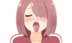 Rule 34 | 1girl, absurdres, bad id, bad pixiv id, blush, commentary, closed eyes, hair over one eye, highres, hoshino miyako (wataten), medium hair, open mouth, oral invitation, poa mellhen, saliva, sexually suggestive, simple background, solo, tongue, tongue out, upper body, watashi ni tenshi ga maiorita!, white background
