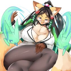 Rule 34 | 1girl, animal ear fluff, animal ears, black hair, breasts, character request, cleavage, coat, coat on shoulders, collared shirt, commentary request, cube hair ornament, feet out of frame, flower, fox ears, fox girl, fox tail, furry, furry female, ghost, glasses, green coat, grey pantyhose, hair bobbles, hair flower, hair ornament, high ponytail, hop step jumpers, huge breasts, lets0020, long hair, looking at viewer, open mouth, pantyhose, parted bangs, red-framed eyewear, red eyes, shirt, skirt, smile, solo, tail, thick thighs, thighs, transparent background, tusks, v-shaped eyebrows, white shirt, white skirt