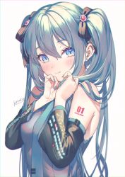 Rule 34 | 1girl, bare shoulders, black ribbon, blue eyes, blue hair, blue nails, blue necktie, blush, character name, closed mouth, detached sleeves, earrings, fang, fang out, fingernails, grey shirt, hair ribbon, hatsune miku, highres, holding, holding own hair, jewelry, kirisaki shuusei, long fingernails, long hair, long sleeves, looking at viewer, nail polish, necktie, number tattoo, ribbon, shirt, shoulder tattoo, signature, simple background, smile, stud earrings, tattoo, twintails, upper body, very long hair, vocaloid, white background
