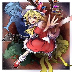 Rule 34 | 4girls, :d, ascot, blonde hair, crystal, dress, fang, flandre scarlet, hat, hat ribbon, highres, holding, hurin raika, komeiji koishi, laevatein (touhou), looking at viewer, mob cap, multiple girls, one side up, open mouth, outline, outside border, petticoat, red dress, red eyes, red footwear, red ribbon, ribbon, skin fang, smile, split mouth, touhou, v-shaped eyebrows, white headwear, white legwear, white outline, wings, yellow ascot