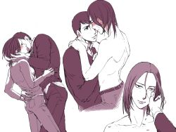 Rule 34 | 1boy, 1girl, back, bertolt hoover, blush, collarbone, closed eyes, freckles, hand on another&#039;s face, holding, looking at another, monochrome, on lap, pants, shingeki no kyojin, shirt, topless male, short hair, sitting, sitting on lap, sitting on person, smile, sweater, ymir (shingeki no kyojin)