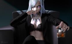 Rule 34 | 1girl, black bra, blurry, blurry foreground, bra, breasts, cup, genshin impact, grey eyes, grey hair, hair over one eye, highres, holding, holding cup, jacket, jewelry, large breasts, long hair, looking at viewer, m alexa, navel, necklace, open clothes, open jacket, shenhe (genshin impact), sitting, solo, suit jacket, underwear