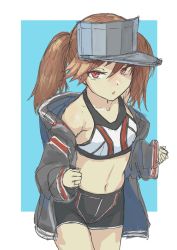 Rule 34 | 1girl, alternate costume, bad id, bad twitter id, black jacket, blush, brown hair, hair between eyes, hat, highres, jacket, kantai collection, long hair, long sleeves, navel, nito (nshtntr), open mouth, red eyes, ryuujou (kancolle), shorts, simple background, solo, sports bra, twintails, two-tone background, visor cap