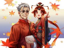 Rule 34 | 1boy, 1girl, benienma (fate), bird hat, brown headwear, carrying, commentary request, fate/grand order, fate (series), feather trim, grey hair, hat, japanese clothes, kimono, leaf, li shuwen (fate), li shuwen (fate/grand order), li shuwen (old) (fate), long hair, long sleeves, low ponytail, male focus, maple leaf, neko7575yuki, open mouth, parted bangs, pointing, red eyes, red hair, smile, sunglasses, twitter username, wide sleeves