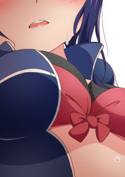 Rule 34 | 1girl, absurdres, bad id, bad pixiv id, blue eyes, breasts, breasts apart, doodemoii, from below, head out of frame, highres, lips, love live!, love live! sunshine!!, matsuura kanan, medium breasts, parted lips, solo, teeth, wet, white background, white bag