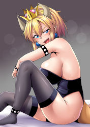 Rule 34 | 1girl, armpits, bare shoulders, black leotard, black thighhighs, blonde hair, blue eyes, blush, bowsette, breasts, crown, earrings, from side, half-closed eye, highleg, highleg leotard, highres, horns, jewelry, large breasts, leotard, looking at viewer, mario (series), new super mario bros. u deluxe, nintendo, nokoppa, open mouth, pointy ears, ponytail, sharp teeth, sideboob, sitting, smile, solo, speech bubble, super crown, sweat, tail, teeth, textless version, thighhighs