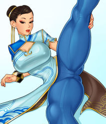 Rule 34 | 1girl, black hair, blue pants, bracelet, breasts, brown eyes, cameltoe, capcom, chinese clothes, chun-li, cleavage cutout, cleft of venus, clothing cutout, covered erect nipples, double bun, earrings, eyeshadow, gluteal fold, hair bun, hair ribbon, highres, jewelry, large breasts, leg up, loodncrood, looking at viewer, lying, makeup, on side, pants, pearl earrings, red lips, ribbon, solo, spread legs, street fighter, street fighter 6, thick thighs, thighs, tight clothes, tight pants
