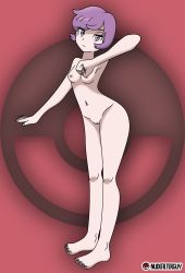 Rule 34 | 1girl, absurdres, arm at side, arm up, armpits, artist logo, artist name, barefoot, breasts, cleft of venus, clenched hand, collarbone, completely nude, courtney (pokemon), courtney (pokemon oras), creatures (company), derivative work, expressionless, eyelashes, feet, female focus, fingernails, full body, game freak, half-closed eyes, highres, legs, legs together, looking at viewer, matching hair/eyes, medium breasts, navel, neck, nilterguy, nintendo, nipples, nude, nude filter, official art nude filter, official style, pinup (style), poke ball symbol, pokemon, pokemon oras, purple eyes, purple hair, pussy, red background, shiny skin, short hair, sidelocks, standing, team magma, thighs, third-party edit, toenails, toes, unworn clothes, wide hips