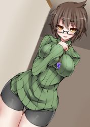 Rule 34 | 1girl, aussa the earth charmer, bike shorts, blush, breasts, brown eyes, brown hair, deep skin, duel monster, dutch angle, glasses, green sweater, hand on own chest, highres, jewelry, kiramashi (satsujinki), large breasts, looking at viewer, necklace, ribbed sweater, seductive smile, semi-rimless eyewear, short hair, smile, solo, sweater, thigh gap, turtleneck, turtleneck sweater, under-rim eyewear, yu-gi-oh!
