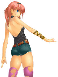 Rule 34 | 1girl, ass, back, bare shoulders, blue eyes, cutoffs, denim, denim shorts, earrings, frills, from behind, gathers, jewelry, looking back, onono imoko, original, red hair, shiny skin, shorts, solo, thighhighs, torn clothes