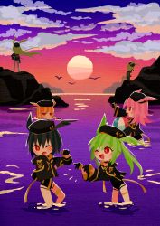 Rule 34 | 6+girls, absurdres, bird, black gloves, black hair, black headwear, black jacket, black one-piece swimsuit, blonde hair, blush, brown hair, chibi, cloud, commentary request, fate/grand order, fate (series), floating hair, geirskogul (fate), gloves, green hair, hat, head wings, highres, hildr (fate), hildr (swimsuit assassin) (fate), jacket, long hair, looking at another, looking away, medium hair, multiple girls, ocean, olrun (fate), one-piece swimsuit, one eye closed, open mouth, ortlinde (fate), ortlinde (swimsuit assassin) (fate), outdoors, partially submerged, pink hair, red eyes, rindr (fate), short hair, siblings, sisters, sky, smile, sunset, swimsuit, thrud (fate), thrud (swimsuit assassin) (fate), twintails, valkyrie (fate), waniyama1993, water, wings