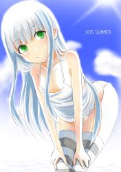 Rule 34 | 10s, 1girl, aoki hagane no arpeggio, blue hair, camisole, downblouse, gradient background, green eyes, highres, iona (aoki hagane no arpeggio), ju (old505), long hair, panties, smile, solo, thighhighs, underwear