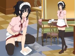 Rule 34 | 1girl, amagami, black eyes, black hair, blush, breasts, chair, cleft of venus, clothes lift, cottage, highres, looking at viewer, open mouth, panties, shoes, short hair, skirt, skirt lift, tanamachi kaoru, thighhighs, underwear, waitress