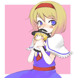 Rule 34 | 1girl, alice margatroid, bad id, bad pixiv id, blonde hair, blush, character doll, doll, female focus, hairband, kirisame marisa, lowres, oza watto, short hair, simple background, solo, touhou