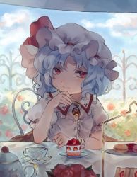 Rule 34 | 1girl, absurdres, bad id, bad pixiv id, bat wings, blouse, blue hair, blue sky, blurry, brooch, cake, cloud, cup, day, depth of field, flower, food, frilled shirt collar, frills, fruit, glint, hat, hat ribbon, highres, holding, jewelry, kozumi (tokuni naitteba), looking at viewer, mob cap, plate, puffy short sleeves, puffy sleeves, red eyes, red ribbon, remilia scarlet, ribbon, saucer, shirt, short hair, short sleeves, sky, solo, strawberry, table, teacup, tiered tray, touhou, upper body, white shirt, wings, wrist cuffs