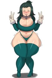 Rule 34 | 1girl, blush, boku no hero academia, boots, breasts, cleavage, closed eyes, coldarsenal, curvy, double v, gloves, green hair, high heel boots, high heels, highres, large breasts, long hair, mature female, midoriya inko, navel, nervous smile, plump, smile, solo, stomach, sweat, thick thighs, thighs, v, white background, wide hips