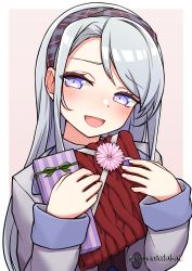 Rule 34 | 1girl, absurdres, blush, box, coat, commentary request, flower, gift, gift box, hairband, highres, holding, holding gift, kantai collection, long hair, long sleeves, namaata, official alternate costume, open mouth, pink flower, plaid, plaid hairband, purple eyes, sagiri (kancolle), silver hair, simple background, solo, twitter username, two-tone background, upper body, valentine