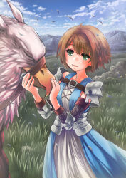 Rule 34 | 1girl, armor, belt, blue dress, blue sky, brown hair, character request, cloud, commentary request, dress, green eyes, griffin, kira works, mountainous horizon, on grass, open mouth, outdoors, short hair, shoulder armor, sky, smile, standing, unicorn overlord, white dress