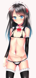 Rule 34 | 1girl, asashio (kancolle), bikini, black bikini, black choker, black hair, black thighhighs, blue eyes, blush, bow, bowtie, breasts, brown background, cameltoe, choker, commentary request, cowboy shot, detached sleeves, earrings, frilled sleeves, frilled thighhighs, frills, gluteal fold, groin, hair between eyes, heart, heart earrings, highres, jewelry, kantai collection, long hair, long sleeves, maid headdress, navel, parted lips, puririn, red bow, red bowtie, red ribbon, ribbon, simple background, small breasts, solo, standing, swimsuit, thighhighs