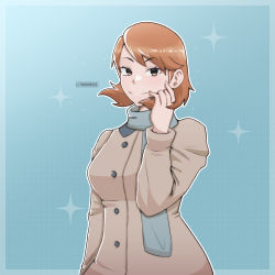 Rule 34 | 1girl, blue background, blue scarf, breasts, brown eyes, brown hair, brown jacket, closed mouth, commentary, commission, cowboy shot, ear piercing, english commentary, hand up, jacket, long sleeves, looking at viewer, medium breasts, patterned background, persona, persona 3, piercing, scarf, solo, swept bangs, takeba yukari, triomegis, twitter username