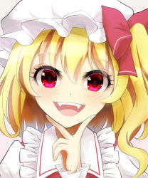 Rule 34 | 1girl, blonde hair, fangs, flandre scarlet, frilled shirt collar, frills, hair between eyes, hand on own chin, hat, highres, kisaragi koushi, looking at another, medium hair, mob cap, open mouth, puffy short sleeves, puffy sleeves, red eyes, short sleeves, side ponytail, solo, teeth, touhou, upper body, upper teeth only, white hat