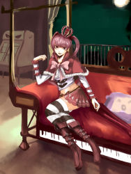 Rule 34 | 1girl, alternate legwear, bad id, bad pixiv id, boots, couch, crown, devil fruit, female focus, fur trim, hat, highres, long sleeves, lororo, midriff, one piece, patterned legwear, perona, pink hair, pirate, red footwear, red skirt, red upholstery, shoes, short cape, sitting, skirt, solo, striped clothes, striped thighhighs, thighhighs, twintails, two-tone stripes