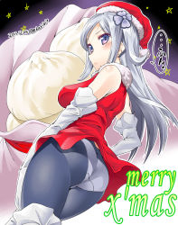 Rule 34 | 10s, 1girl, adapted costume, aila jyrkiainen, ass, baozi, bare shoulders, blush, boots, christmas, dated, ekakibito, elbow gloves, food, from behind, fur trim, gloves, gundam, gundam build fighters, hat, highres, long hair, looking back, merry christmas, panties, panties over pantyhose, pantyhose, purple eyes, santa costume, santa hat, silver hair, solo, star (symbol), thigh boots, thighhighs, underwear