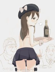Rule 34 | 1girl, 2boys, beret, bikini, black bow, black hat, black skirt, blush, bottle, bow, brown eyes, brown hair, collared shirt, cup, drinking glass, grey background, hat, hat bow, holding, holding cup, holding tray, jacket, kokudou juunigou, long hair, looking away, looking to the side, multiple boys, necktie, original, parted lips, pleated skirt, shirt, simple background, skirt, solo focus, swimsuit, thighhighs, tray, v-shaped eyebrows, white bikini, white bow, white thighhighs