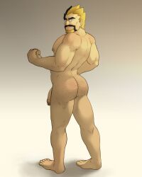 Rule 34 | 1boy, ass, bara, black hair, blonde hair, clenched hands, completely nude, facial hair, flaccid, from behind, goatee, highres, huge eyebrows, human fuerte (great el fuerte&#039;s), large pectorals, looking at viewer, looking back, male focus, mature male, multicolored hair, muscular, muscular male, nipples, nude, original, pectorals, penis, rick penman, second-party source, short hair, solo, sparse chest hair, spiked hair, standing, thick ass hair, thick mustache, two-tone beard, two-tone hair, uncensored