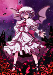 Rule 34 | 1girl, bat (animal), bat wings, flower, hand on own hip, hat, highres, looking at viewer, moon, night, night sky, nikka (cryptomeria), outstretched hand, petals, purple hair, red eyes, red moon, remilia scarlet, rose, sky, smile, solo, standing, star (sky), starry sky, thorns, touhou, wings