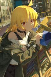 Rule 34 | 1girl, absurdres, ahoge, black choker, black pants, blonde hair, bocchi the rock!, cd case, choker, closed mouth, coat, drink, drinking straw, green coat, highres, holding, holding drink, ijichi seika, jl tan, long hair, long sleeves, looking at viewer, open clothes, open coat, pants, red eyes, shirt, solo, white shirt