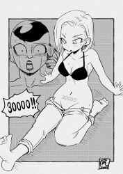 Rule 34 | 1boy, 1girl, absurdres, android 18, bra, breasts, clothes pull, commentary request, dragon ball, dragonball z, earrings, frieza, greyscale, groin, highres, jewelry, medium breasts, milestone celebration, monochrome, number tattoo, open mouth, pants, pants pull, pink mousse, pubic tattoo, scouter, sitting, sweat, tattoo, underwear