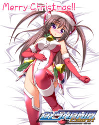 Rule 34 | 1girl, armor, breasts, breasts apart, brown hair, christmas, copyright name, elbow gloves, embarrassed, english text, faulds, from above, gloves, hair between eyes, hat, hirorin, indoors, leotard, long hair, neck bell, nekono matatabi, pom pom (clothes), purple eyes, red gloves, red hat, red thighhighs, santa costume, santa hat, skin tight, solo, thighhighs, two side up, very long hair