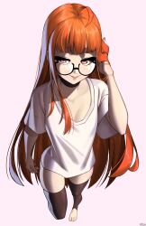 Rule 34 | 1girl, absurdres, ahoge, black-framed eyewear, black choker, black thighhighs, blunt bangs, breasts, choker, closed mouth, collarbone, from above, full body, glasses, hand up, highres, long hair, looking at viewer, looking up, no pants, orange hair, persona, persona 5, purple eyes, sakura futaba, shirt, simple background, small breasts, solo, standing, standing on one leg, thighhighs, thighs, very long hair, white shirt, x xith x