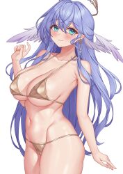 Rule 34 | 1girl, bikini, blue hair, blush, breasts, cleavage, closed mouth, collarbone, commentary request, cowboy shot, earrings, green eyes, hair between eyes, halo, hand up, head wings, highres, honkai: star rail, honkai (series), jewelry, large breasts, long hair, looking at viewer, navel, pinkcap, robin (honkai: star rail), simple background, smile, solo, stomach, swimsuit, underboob, white background, wings
