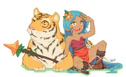 Rule 34 | 1girl, bare shoulders, blue hair, breasts, cleavage, closed mouth, collarbone, cookie run, dark-skinned female, dark skin, facial mark, flower, hair flower, hair ornament, large breasts, long hair, looking at viewer, open mouth, pagom, rayrie, red eyes, smile, thick thighs, thighs, tiger, tiger lily cookie, very long hair