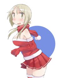 Rule 34 | absurdres, blonde hair, blush, breasts, christmas, cleavage, elbow gloves, gloves, highres, ichii yui, katatsuka kouji, large breasts, looking at viewer, open mouth, red thighhighs, santa costume, scarf, sideboob, simple background, skirt, solo, thighhighs, twintails, white background, yellow eyes, yuyushiki