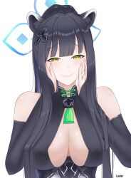 Rule 34 | 1girl, absurdres, animal ear fluff, animal ears, bare shoulders, black dress, black hair, blue archive, blush, breasts, cleavage, closed mouth, collarbone, covered collarbone, dress, fur trim, green eyes, halo, high ponytail, highres, lazier, medium breasts, ponytail, shun (blue archive), smile, solo, upper body, white background