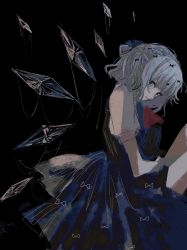 Rule 34 | 1girl, black background, blouse, blue dress, blue eyes, blue hair, blue ribbon, bow, cirno, dress, dress shirt, gotagotay, hair bow, highres, ice, ice wings, looking at viewer, puffy short sleeves, puffy sleeves, red bow, red ribbon, ribbon, shirt, short hair, short sleeves, sitting, solo, touhou, white shirt, wing collar, wings