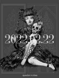 Rule 34 | 1girl, animal ears, artist name, bell, black footwear, blunt bangs, bow, braid, cat ears, cat tail, corset piercing, embellished costume, extra ears, fangs, floral background, floral print, frills, full body, greyscale, hair bow, hair ribbon, holding, holding skull, jingle bell, juliet sleeves, kaenbyou rin, lips, long hair, long sleeves, looking at viewer, monochrome, multiple tails, nazo (mystery), neck bell, neck ribbon, nekomata, nostrils, one eye closed, pointy ears, puffy sleeves, ribbon, simple background, sitting, skull, smile, solo, tail, teeth, touhou, tress ribbon, twin braids, twintails, two tails