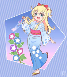 Rule 34 | 1girl, :3, :d, blonde hair, blue background, blue kimono, blush, bow, commentary request, diagonal stripes, floating hair, hair bow, hair ornament, happy, highres, himesaka noa, holding, japanese clothes, kimono, leaf, long hair, long sleeves, looking at viewer, obi, open mouth, pink sash, print kimono, r245, red bow, sandals, sash, signature, smile, solo, standing, standing on one leg, striped, striped background, thick eyebrows, twitter username, watashi ni tenshi ga maiorita!, wide sleeves, wind chime, yellow bow, zouri
