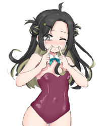 Rule 34 | 1girl, ahoge, bare shoulders, black hair, breasts, covered navel, cowboy shot, double bun, forced smile, forehead, green eyes, green hair, hair bun, highres, kantai collection, leotard, long hair, makinami (kancolle), moon ash, multicolored hair, one eye closed, purple leotard, simple background, small breasts, solo, strapless, strapless leotard, tears, white background