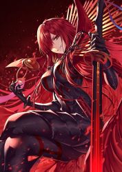 Rule 34 | 1girl, black bodysuit, bodysuit, bracelet, breasts, cape, chain, crossed legs, fate/grand order, fate (series), fire, grin, hair over one eye, heirou, jewelry, katana, large breasts, long hair, looking at viewer, oda nobunaga (fate), oda nobunaga (koha-ace), oda nobunaga (maou avenger) (fate), oda uri, popped collar, red cape, red eyes, red hair, smile, solo, sword, thighs, very long hair, weapon