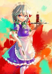 Rule 34 | 1girl, apron, between fingers, blue eyes, bottle, braid, carrying, cup, elbow gloves, female focus, frilled skirt, frills, gloves, holding, izayoi sakuya, knife, maid, maid apron, maid headdress, nihimaru, pantyhose, pocket watch, short hair, silver hair, skirt, skirt set, solo, tablet, teacup, throwing knife, touhou, tray, twin braids, watch, weapon