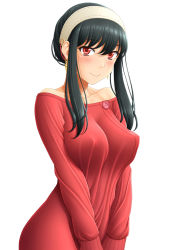Rule 34 | 1girl, bare shoulders, black hair, blush, breasts, closed mouth, collarbone, commentary request, earrings, gold earrings, hairband, highres, jewelry, large breasts, long hair, looking at viewer, off-shoulder sweater, off shoulder, red eyes, red sweater, short hair with long locks, sidelocks, simple background, sin-go, smile, solo, spy x family, sweater, upper body, white background, white hairband, yor briar