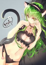 Rule 34 | 1girl, animal ears, bell, neck bell, blue background, breasts, c.c., cat cutout, cat ear panties, cat ears, cat lingerie, cat tail, cleavage, cleavage cutout, clothing cutout, code geass, collar, creayus, green hair, hairband, jingle bell, long hair, looking at viewer, lying, medium breasts, meme attire, navel, on side, panties, side-tie panties, simple background, solo, tail, tongue, tongue out, twitter username, underwear, underwear only, yellow eyes