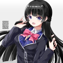 Rule 34 | 1girl, :d, absurdres, black hair, black jacket, blazer, blue eyes, bow, breasts, collared shirt, commentary request, dress shirt, gradient background, grey background, hair ornament, hairclip, hands up, highres, jacket, long hair, long sleeves, looking at viewer, medium breasts, nijisanji, open mouth, pink bow, qr code, shirt, smile, solo, tsukino mito, tsukino mito (1st costume), twitter username, upper body, very long hair, virtual youtuber, white shirt, yamaguchi shinnosuke