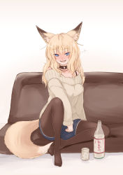 Rule 34 | 1girl, animal ears, batta (kanzume quality), black choker, blonde hair, blue eyes, blue shorts, blush, bottle, brown pantyhose, choker, cup, drunk, fox ears, fox girl, fox tail, fox wife (batta (kanzume quality)), grey background, grey sweater, long hair, long sleeves, looking at viewer, no shoes, nose blush, original, pantyhose, shorts, simple background, sitting, smile, solo, squeans, sweater, tail